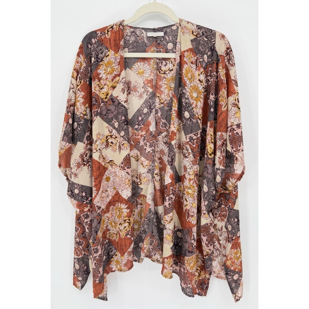 Floral Kimono Blouse Women's OS Patchwork Boho Artsy Folk Lightweight Open Front